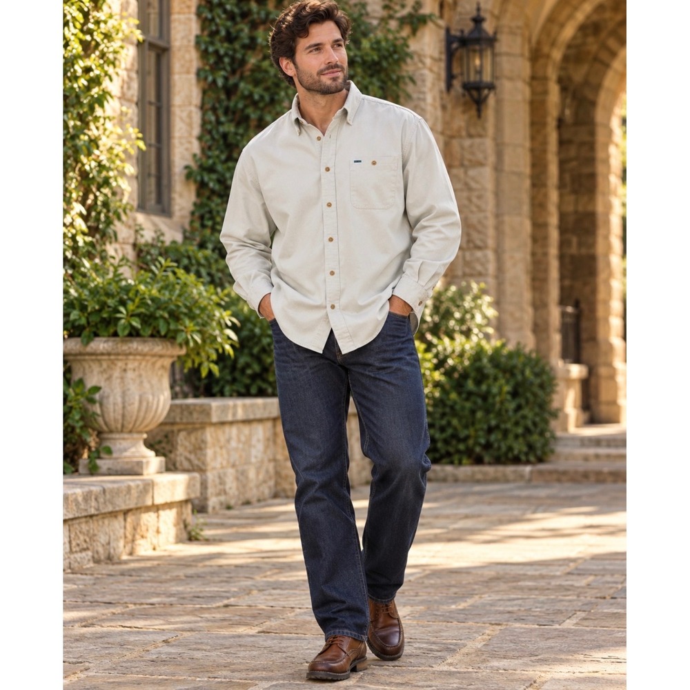 Alexander Julian Colours Mens L Beige Cotton Twill Button Up Workwear Shirt